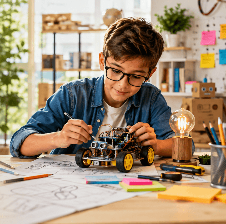 A student building and testing a robot
