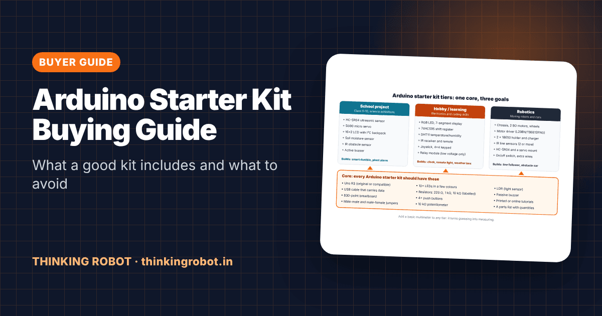 Arduino Uno starter kit parts laid out: breadboard, LEDs, resistors, sensors, servo and motor driver