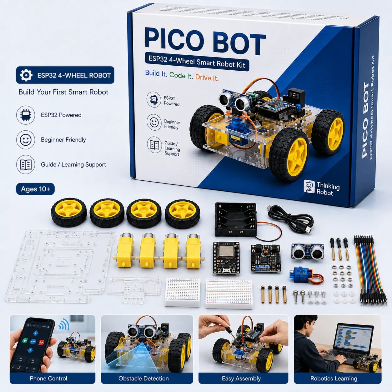PICO Bot | 4-Wheel Robot With |  ESP32 Edition | Thinking Robot Modular Robotics Kit